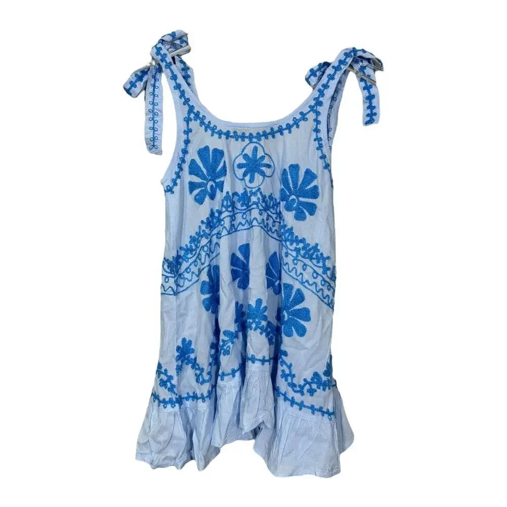 Pranella Remi Kids Slip Dress Sky Blue 4-5y Embroidered Boho Beach Ruffle Tie - Picture 3 of 6